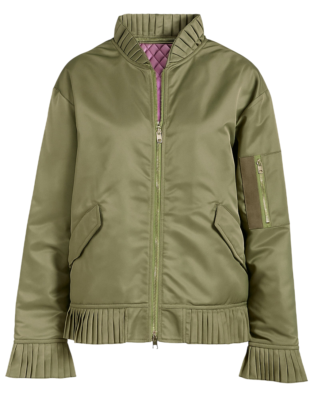 Blouson bomber en satin technique avec détails plissés sauge