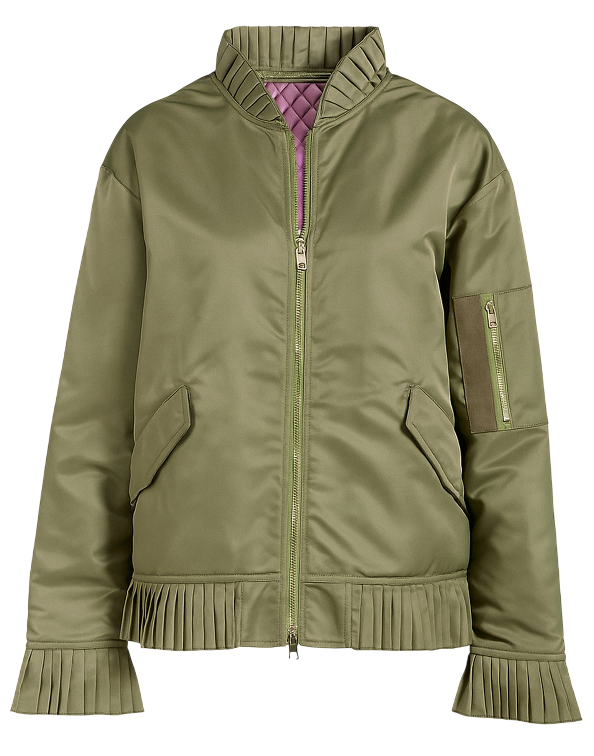 Blouson bomber en satin technique avec détails plissés sauge