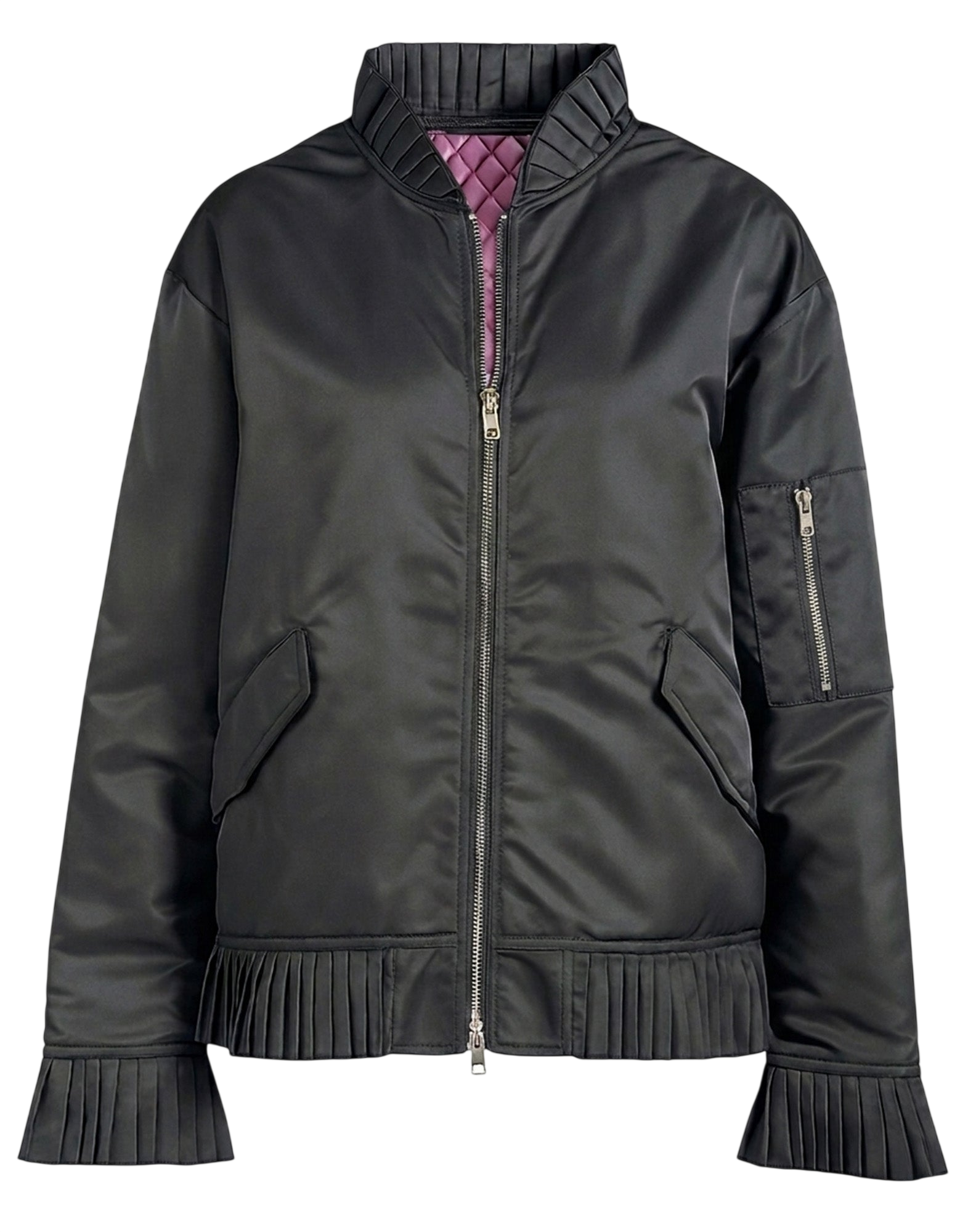 Bomber in Tecno Raso con Dettagli Plissé Lavagna