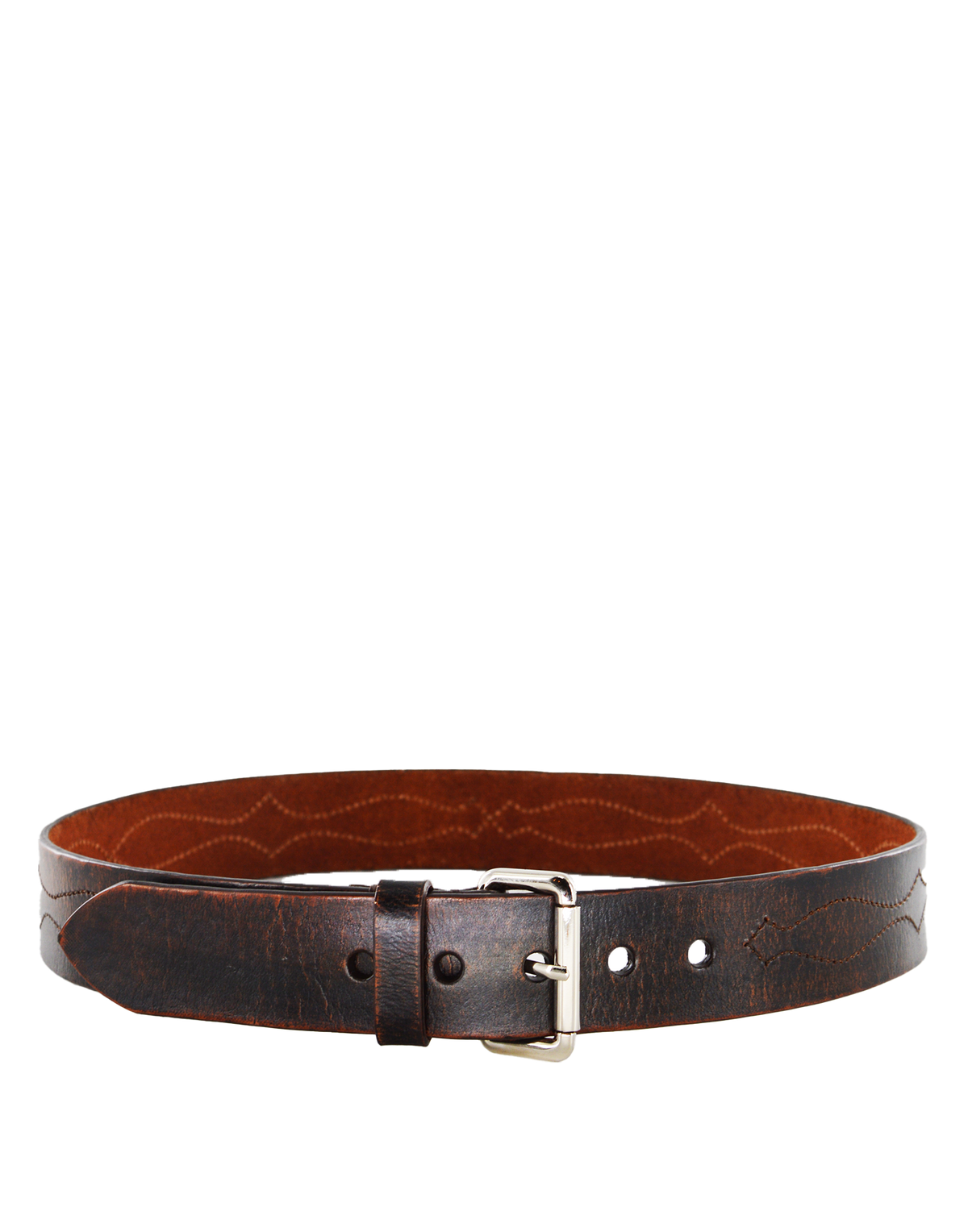 Dark Brown Leather Belt with Western Embroidery