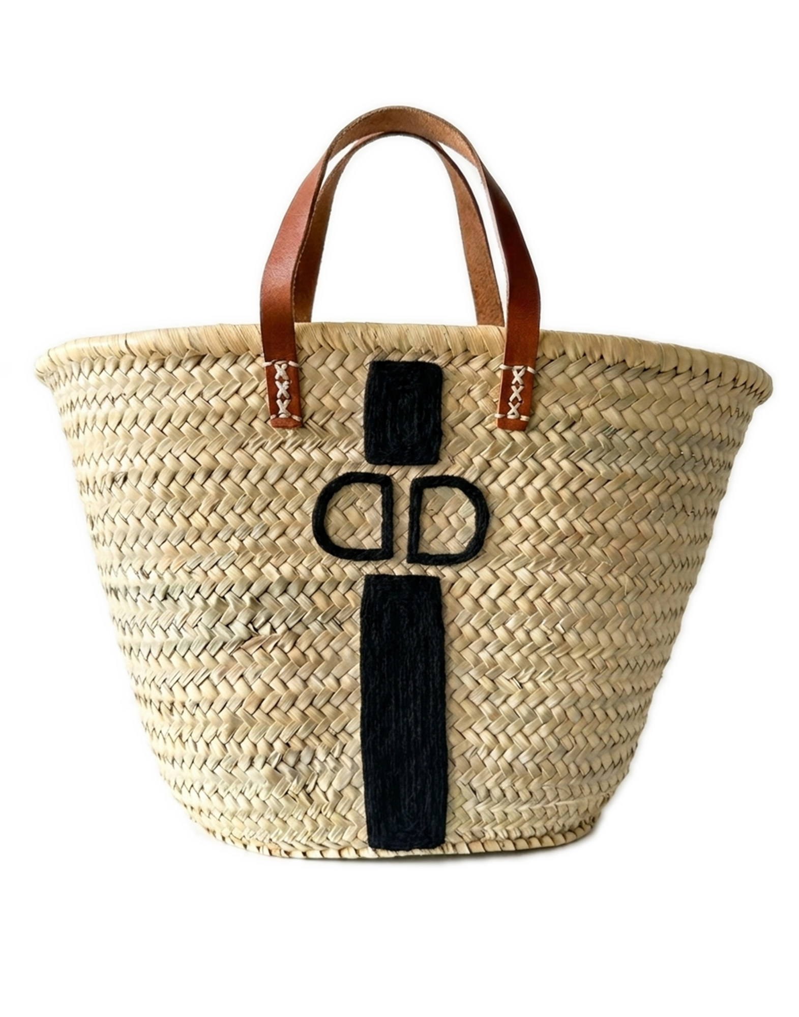 Borsa da Mare in Paglia con Ricamo Nero