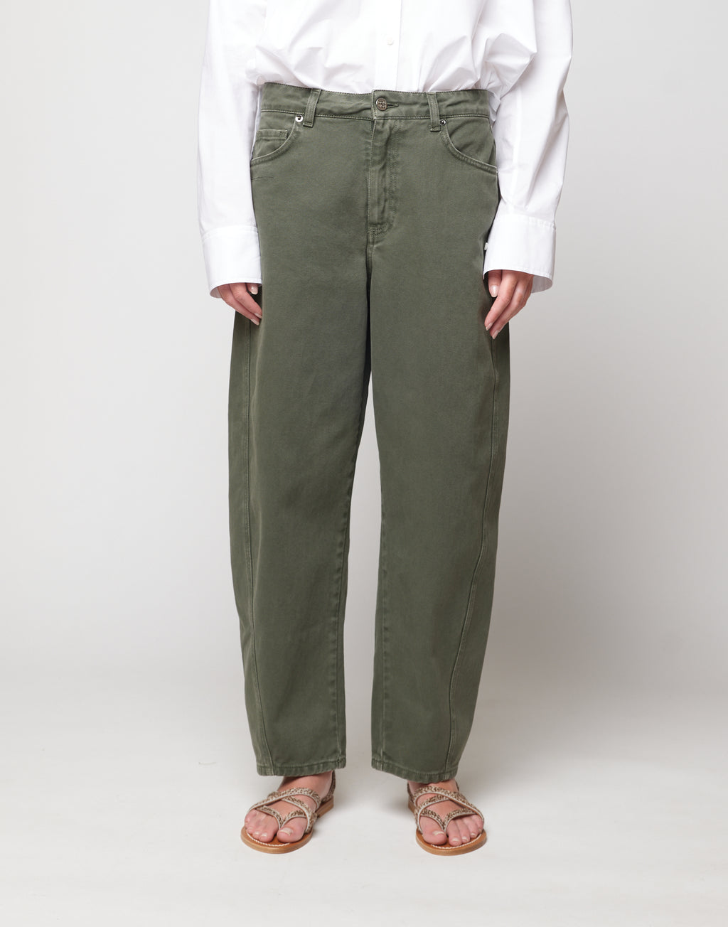 Pantaloni 5 Tasche Baggy in Drill di Cotone Verde Militare