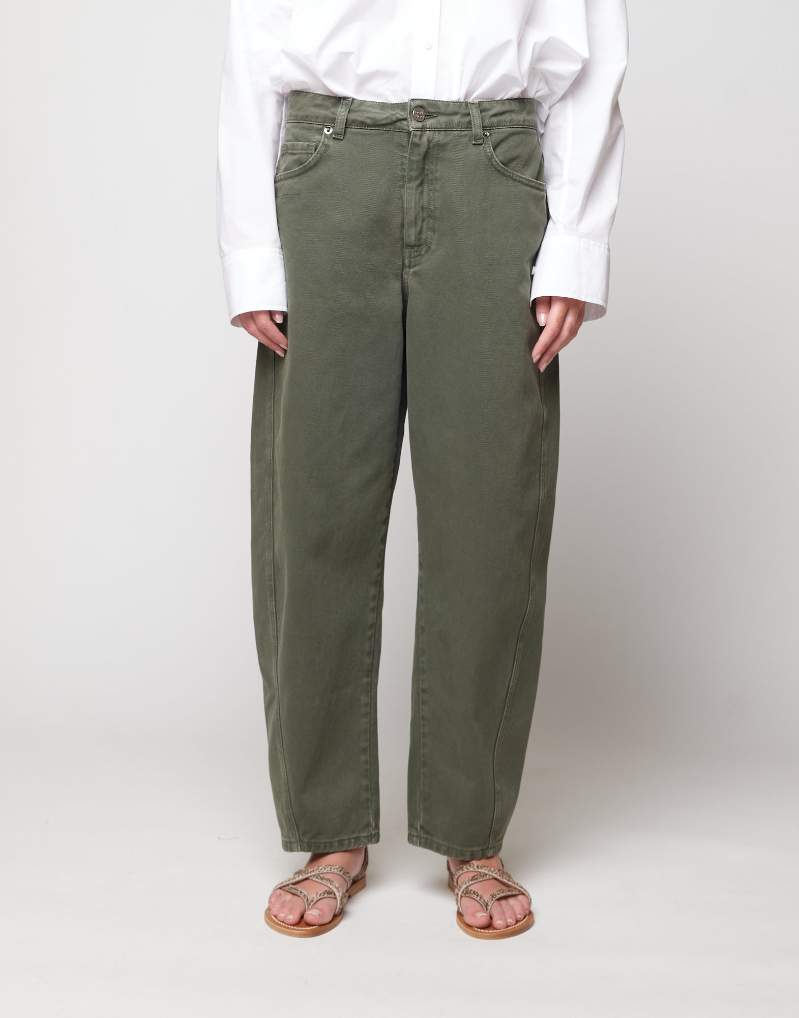 Pantaloni 5 Tasche Baggy in Drill di Cotone Verde Militare