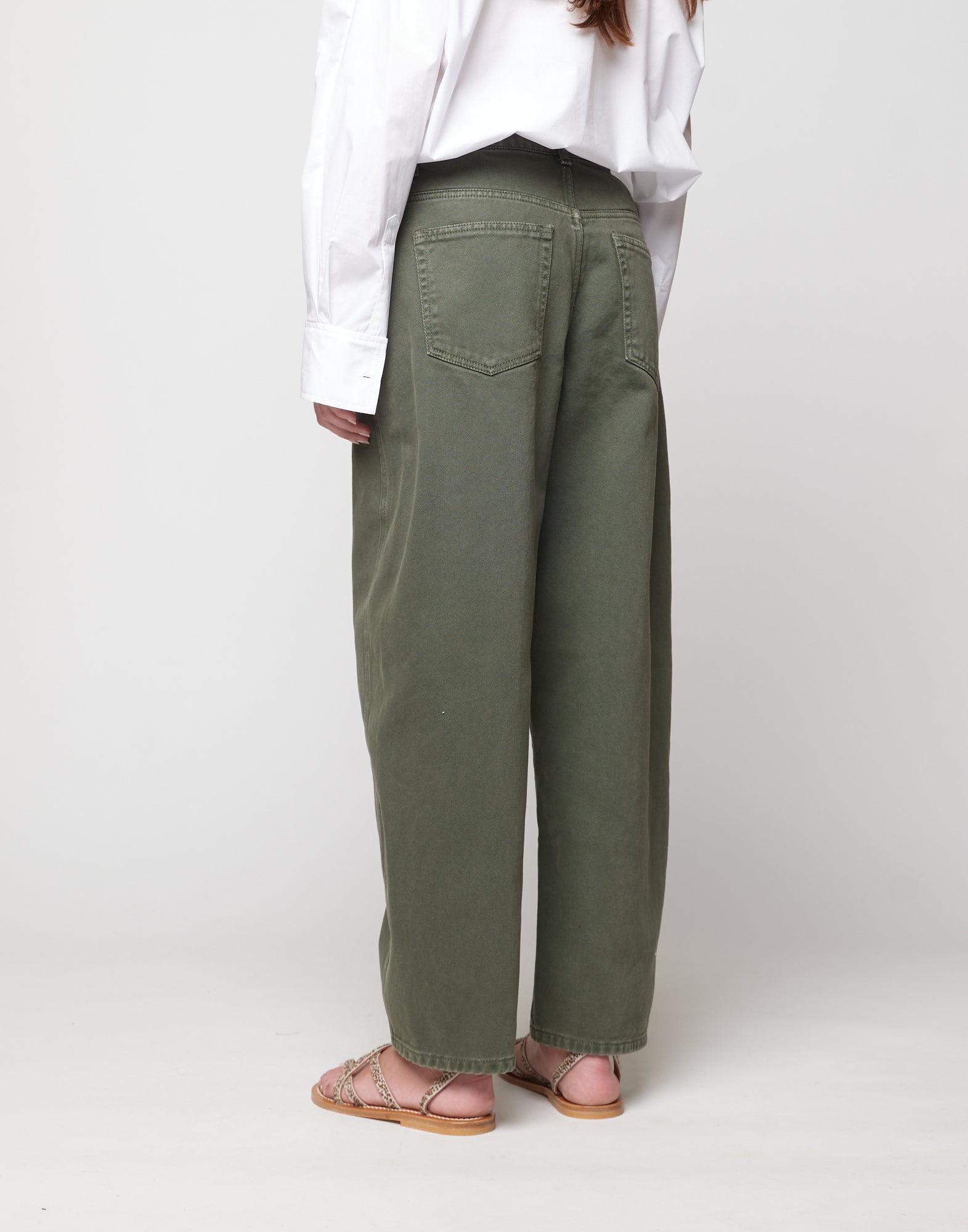 Pantaloni 5 Tasche Baggy in Drill di Cotone Verde Militare