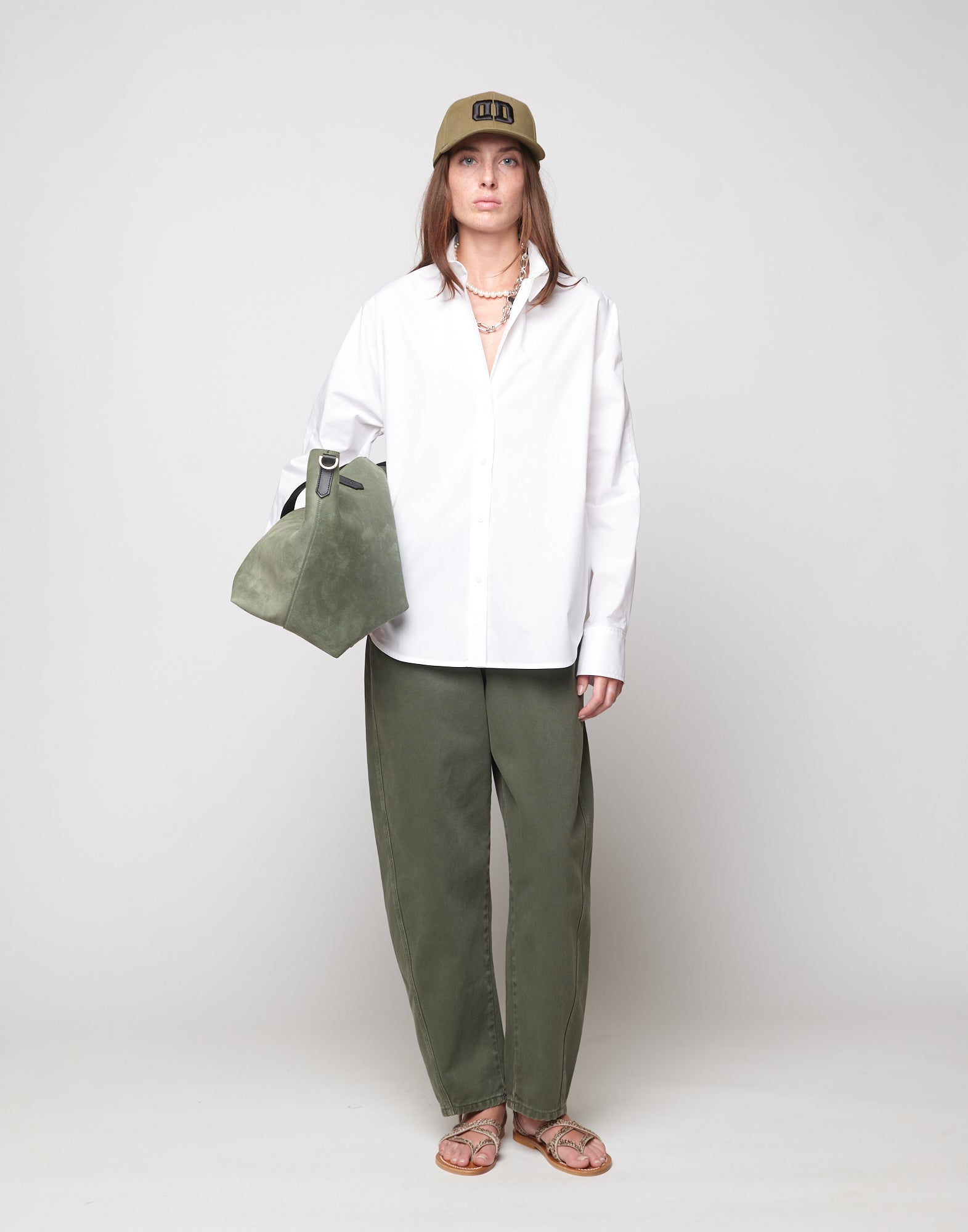 Pantaloni 5 Tasche Baggy in Drill di Cotone Verde Militare