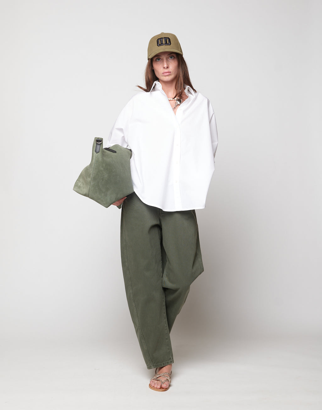 Pantaloni 5 Tasche Baggy in Drill di Cotone Verde Militare