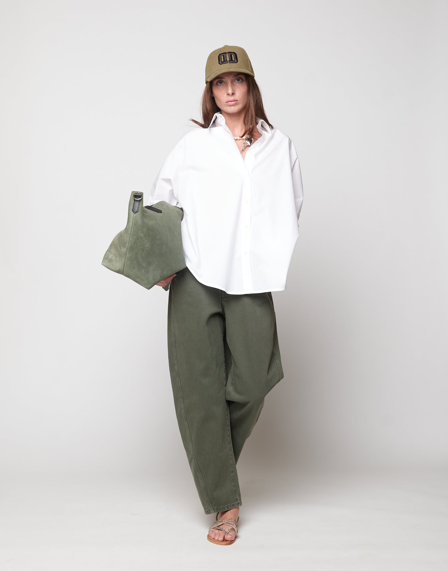 Pantaloni 5 Tasche Baggy in Drill di Cotone Verde Militare