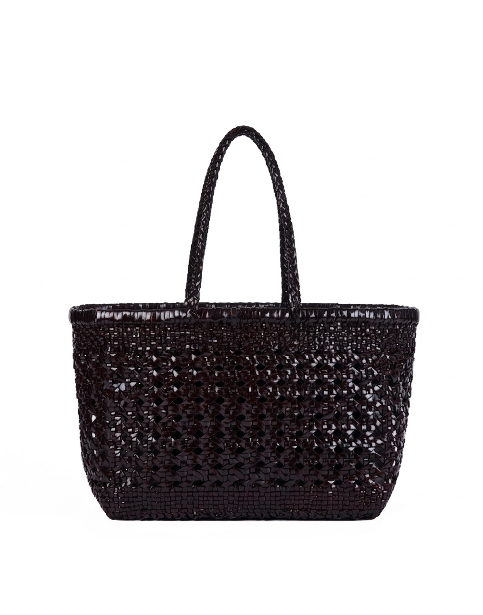 Shopping Bag in Pelle Intrecciata e Traforata Dark Brown