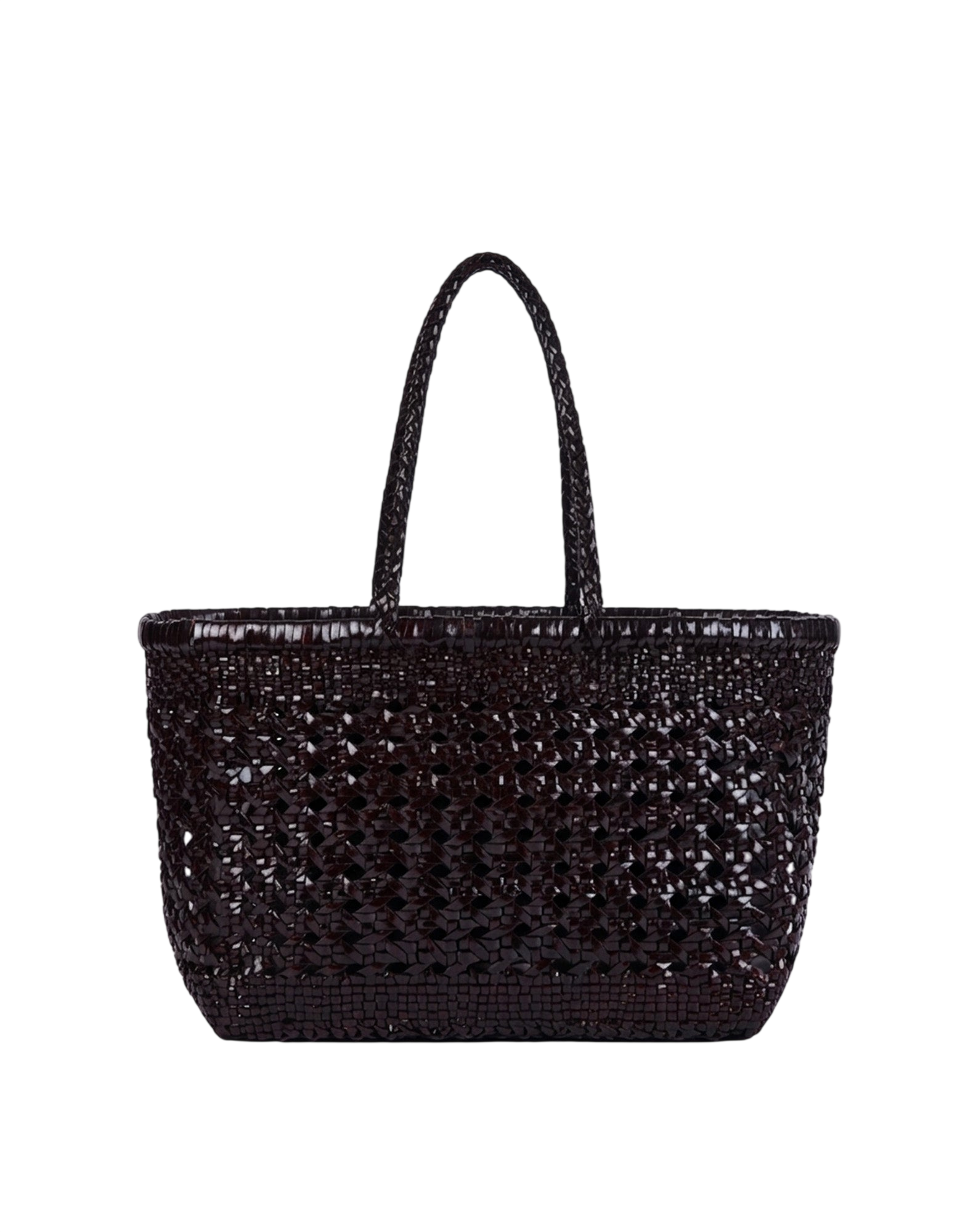 Shopping Bag in Pelle Intrecciata e Traforata Dark Brown