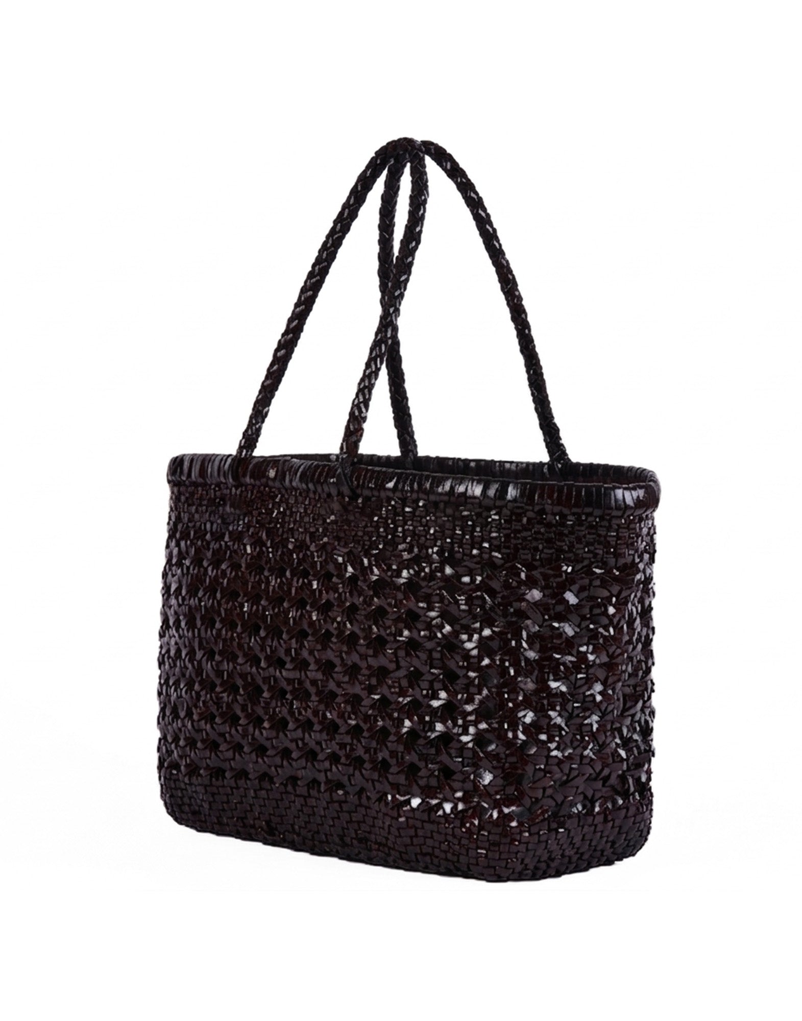 Shopping Bag in Pelle Intrecciata e Traforata Dark Brown