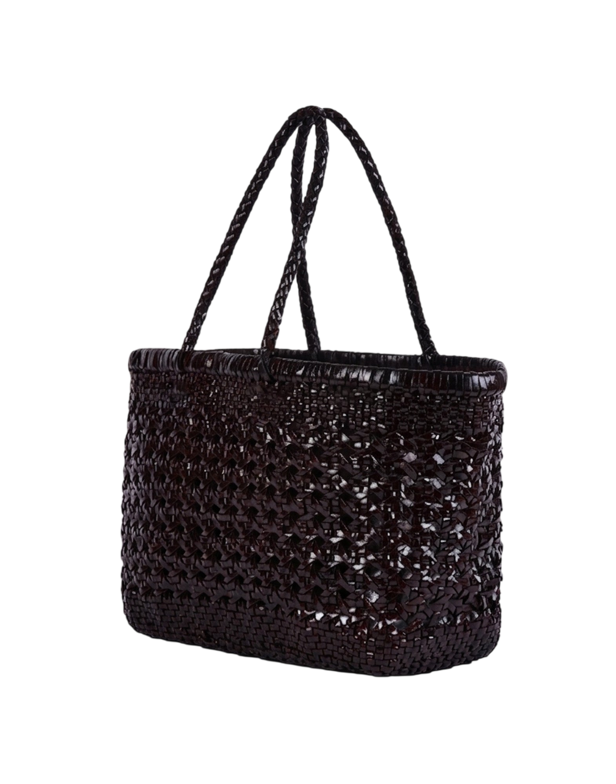 Dark Brown Woven and Perforated Leather Shopping Bag