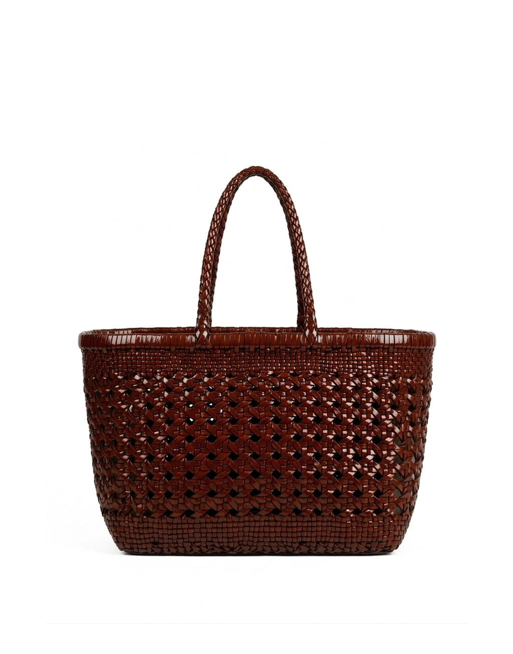 Shopping Bag in Pelle Intrecciata e Traforata Cognac