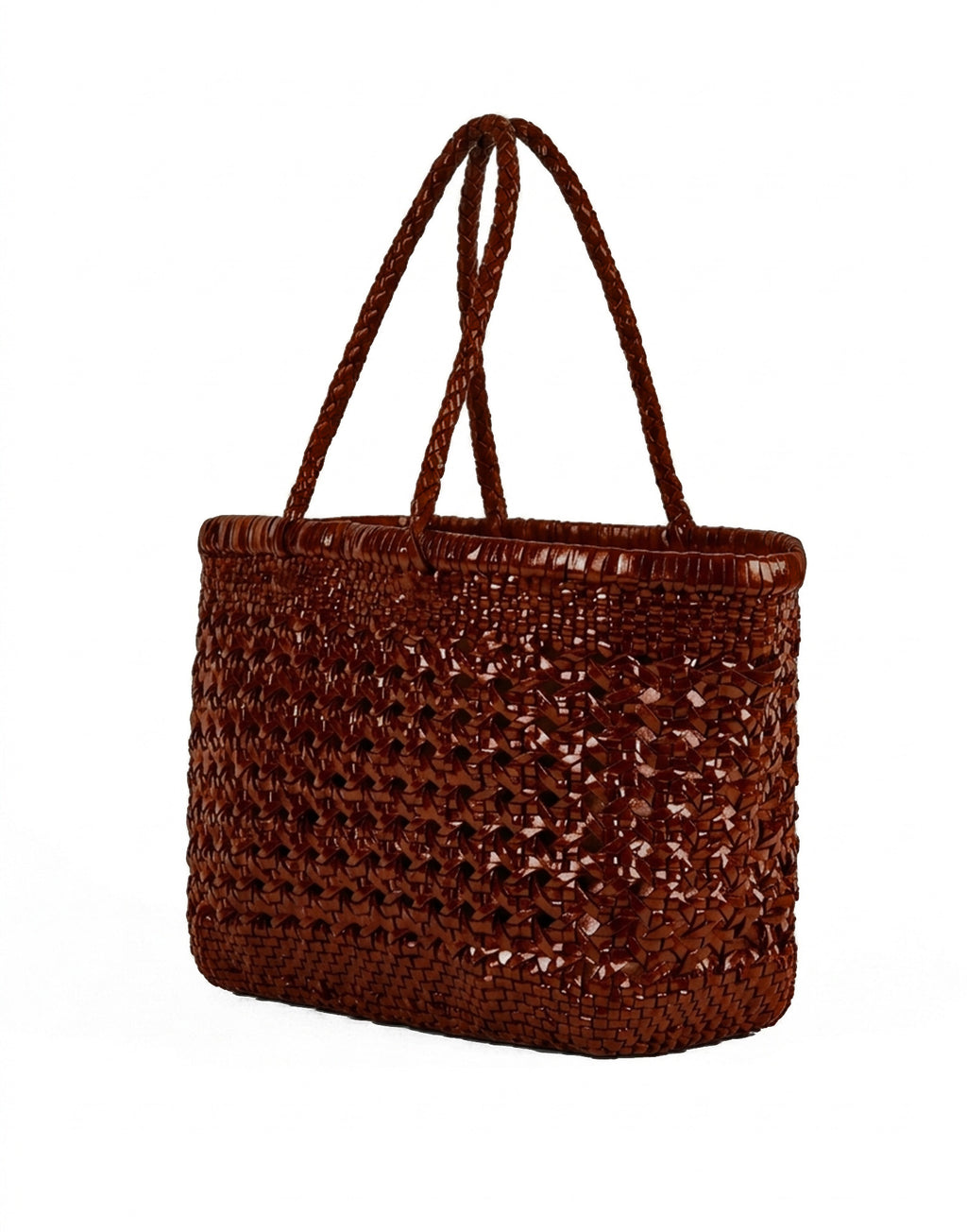 Shopping Bag in Pelle Intrecciata e Traforata Cognac