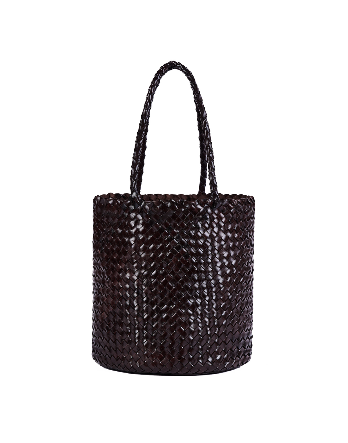 Dark Brown Woven Leather Bucket Bag