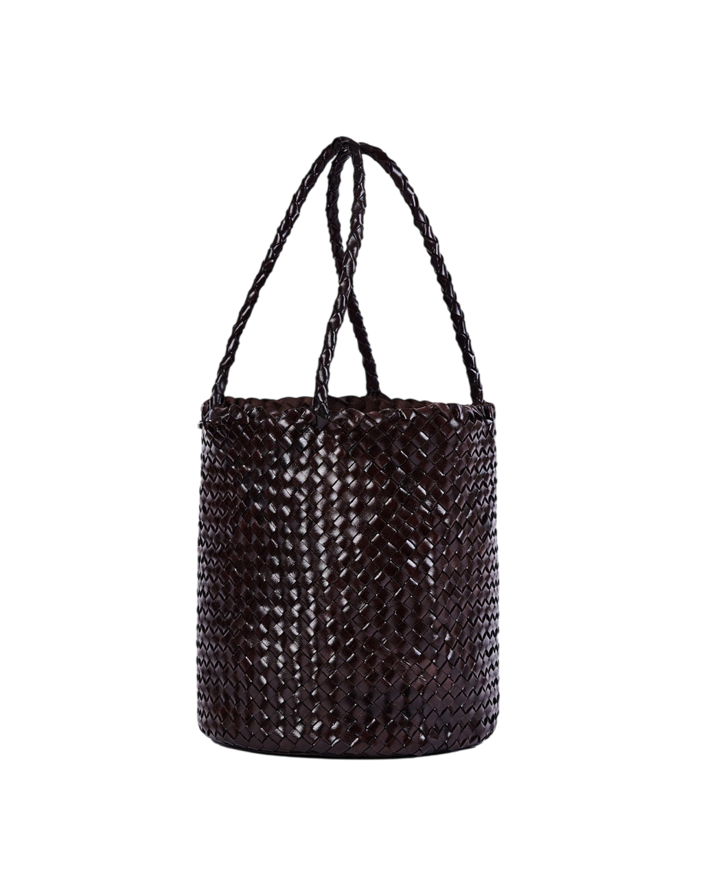 Dark Brown Woven Leather Bucket Bag
