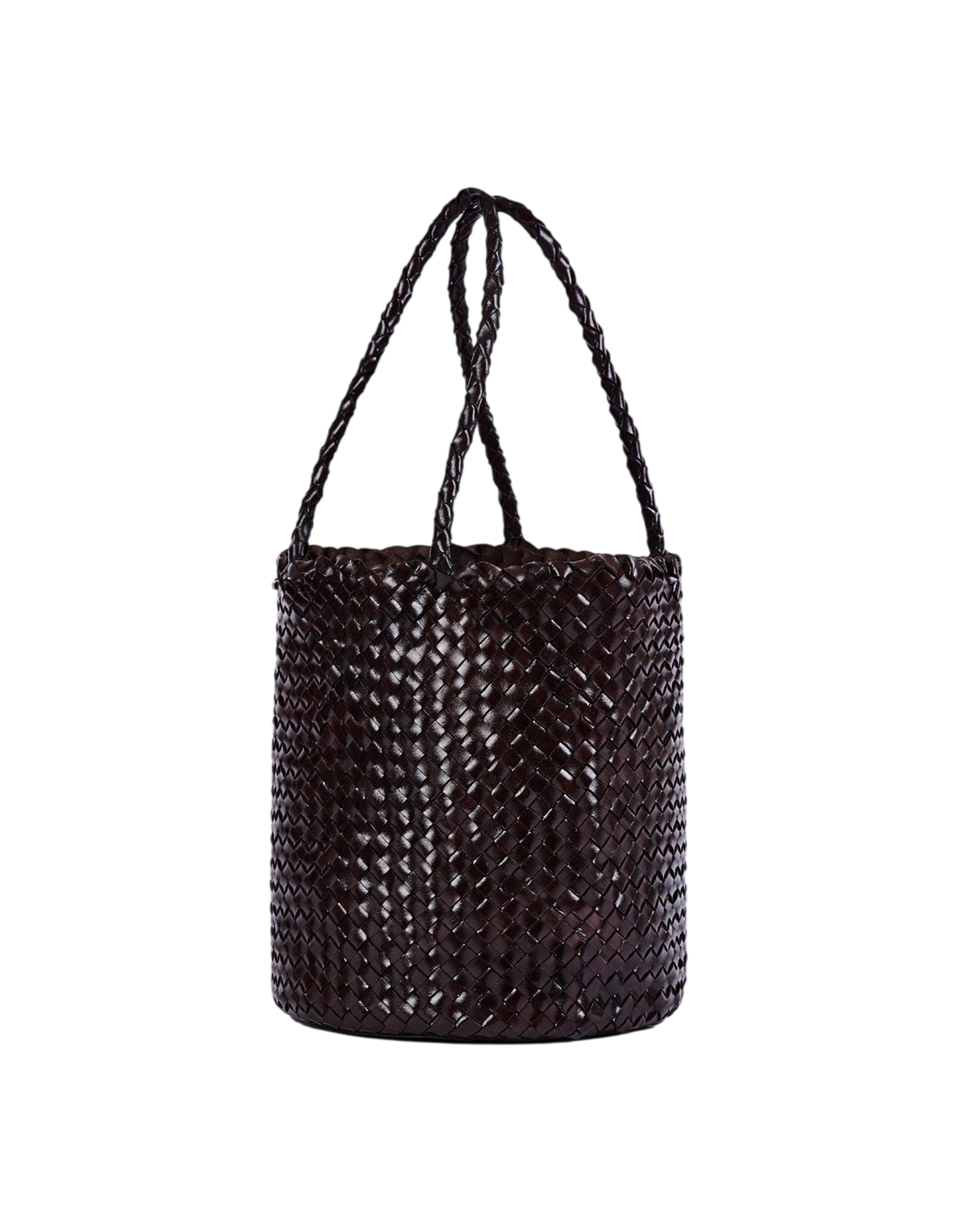 Dark Brown Woven Leather Bucket Bag