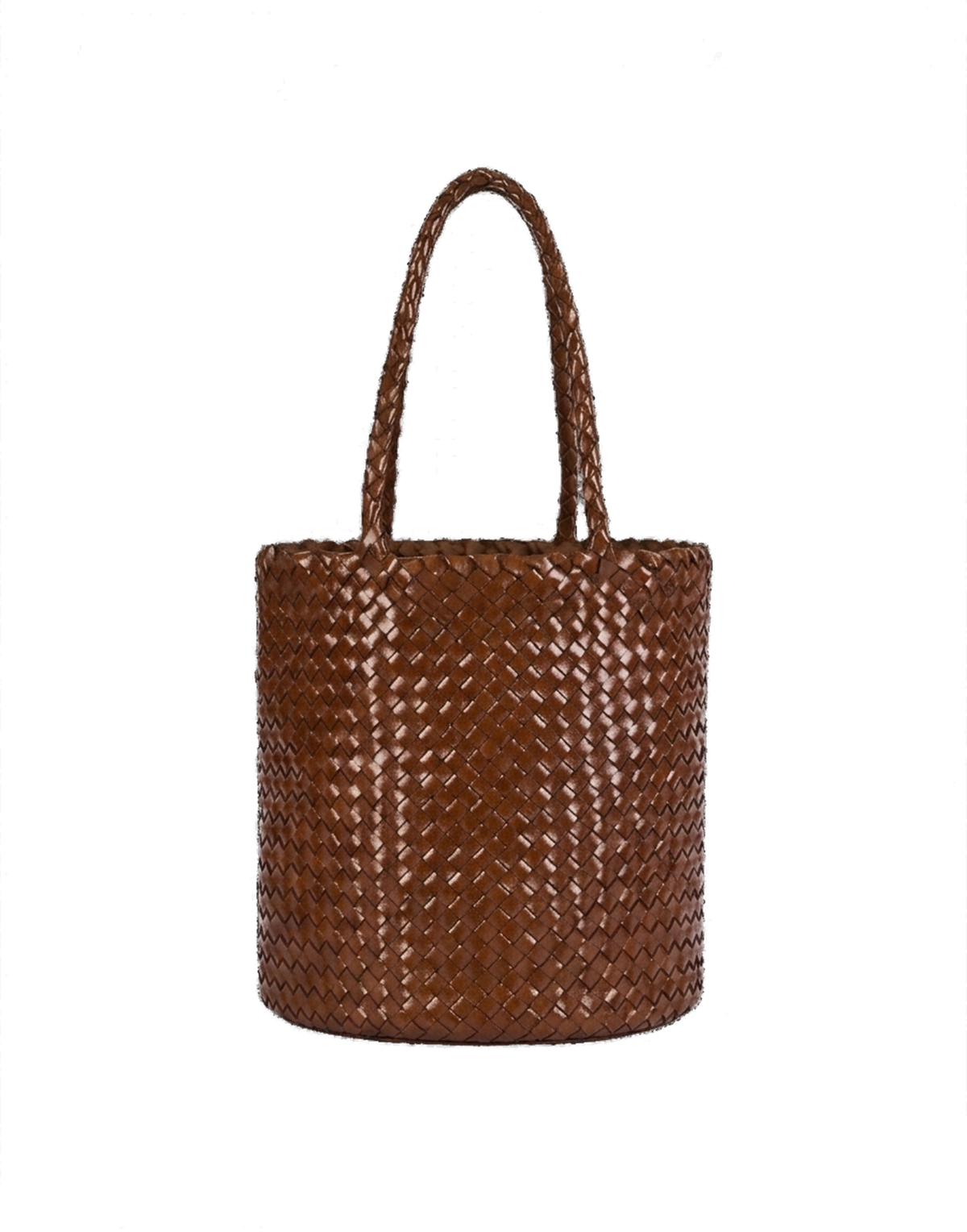 Cognac Woven Leather Bucket Bag