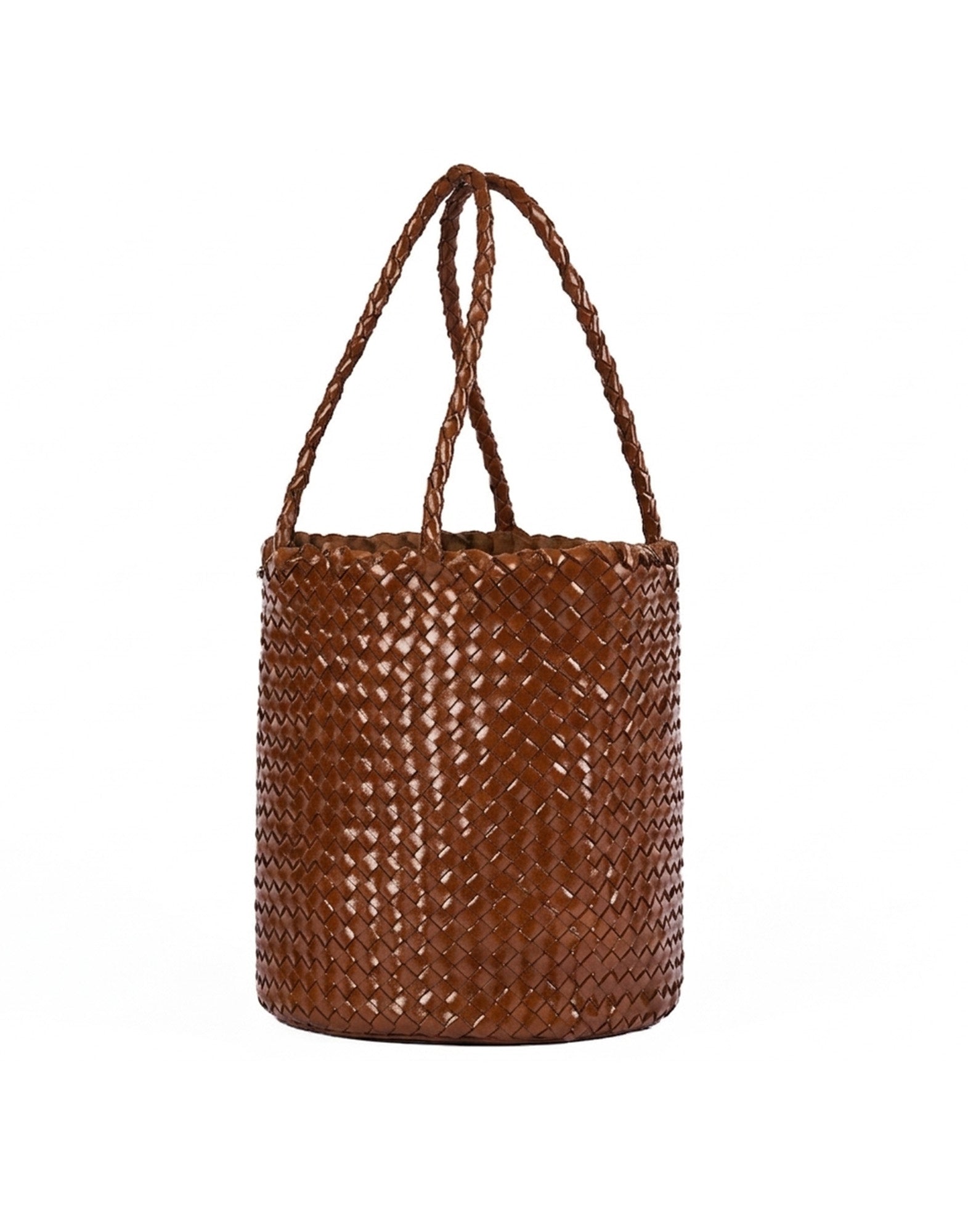 Borsa Secchiello in Pelle Intrecciata Cognac