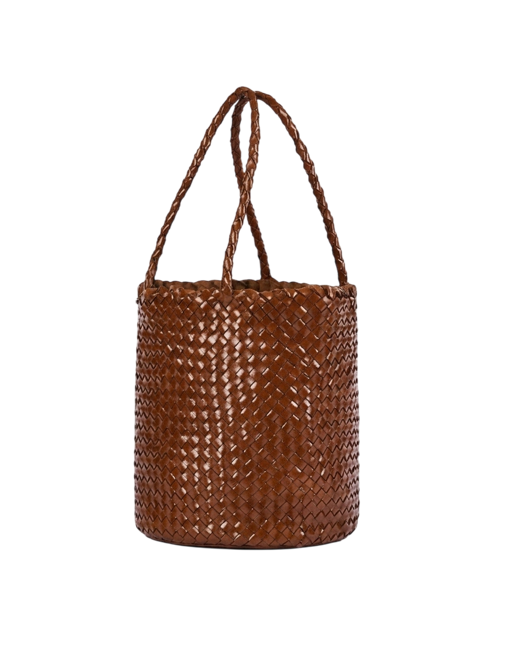 Cognac Woven Leather Bucket Bag